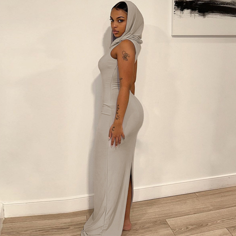 Solid Color Hooded Slit Sleeveless Dress