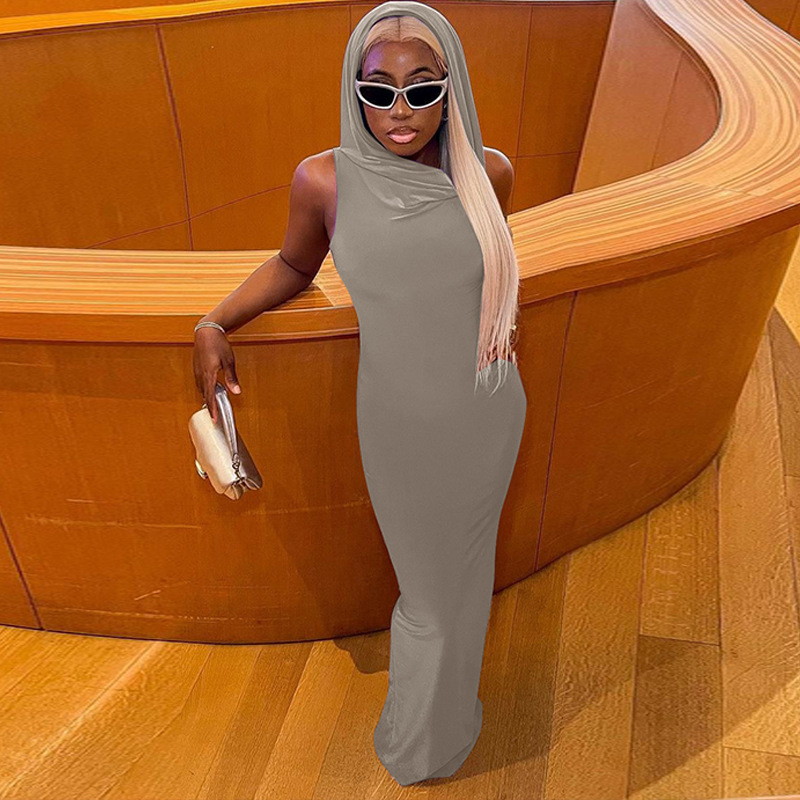 Solid Color Hooded Slit Sleeveless Dress
