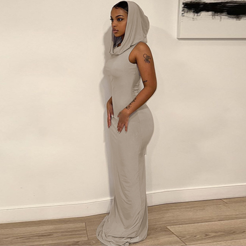 Solid Color Hooded Slit Sleeveless Dress