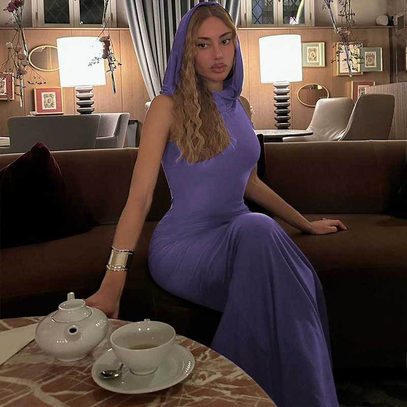 Solid Color Hooded Slit Sleeveless Dress