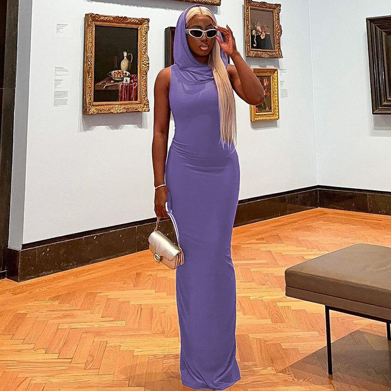 Solid Color Hooded Slit Sleeveless Dress