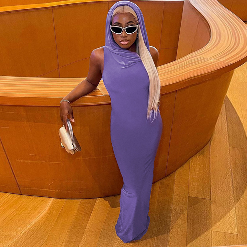 Solid Color Hooded Slit Sleeveless Dress