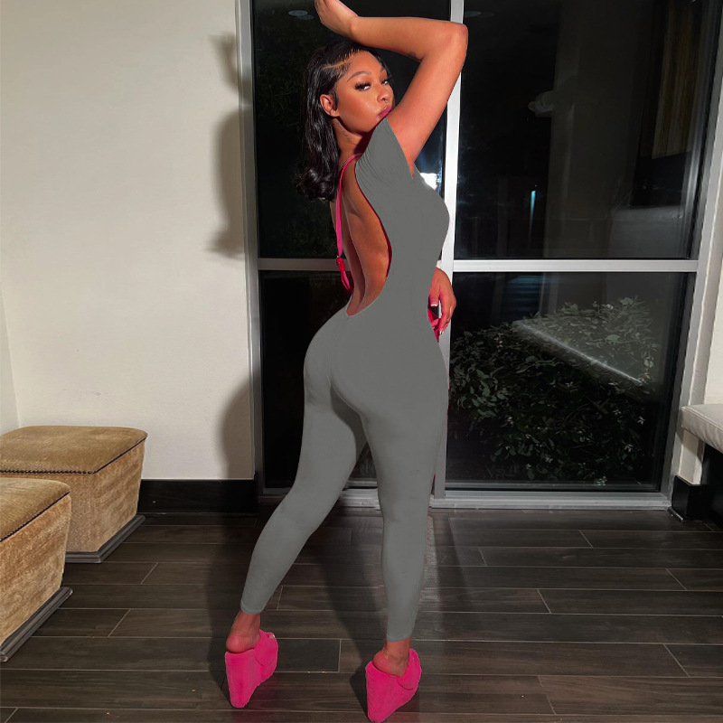 Backless Solid Color Short Sleeved Jumpsuit