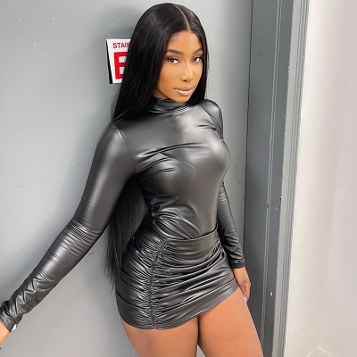 Casual Long Sleeved Jumpsuit With Pleated Short Skirt Leather Set 02