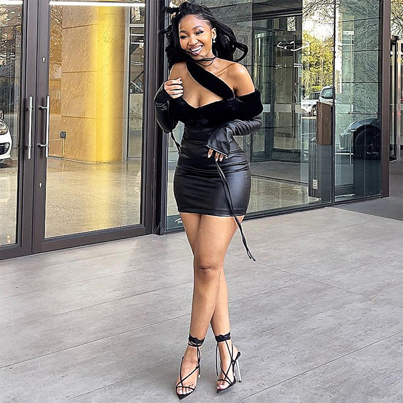 Fashion Strapless Patchwork PU Hip Skirt Dress