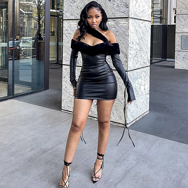 Fashion Strapless Patchwork PU Hip Skirt Dress