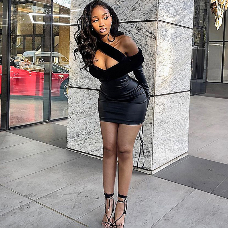 Fashion Strapless Patchwork PU Hip Skirt Dress