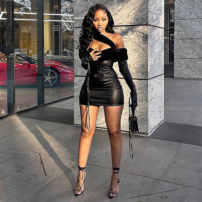 Fashion Strapless Patchwork PU Hip Skirt Dress