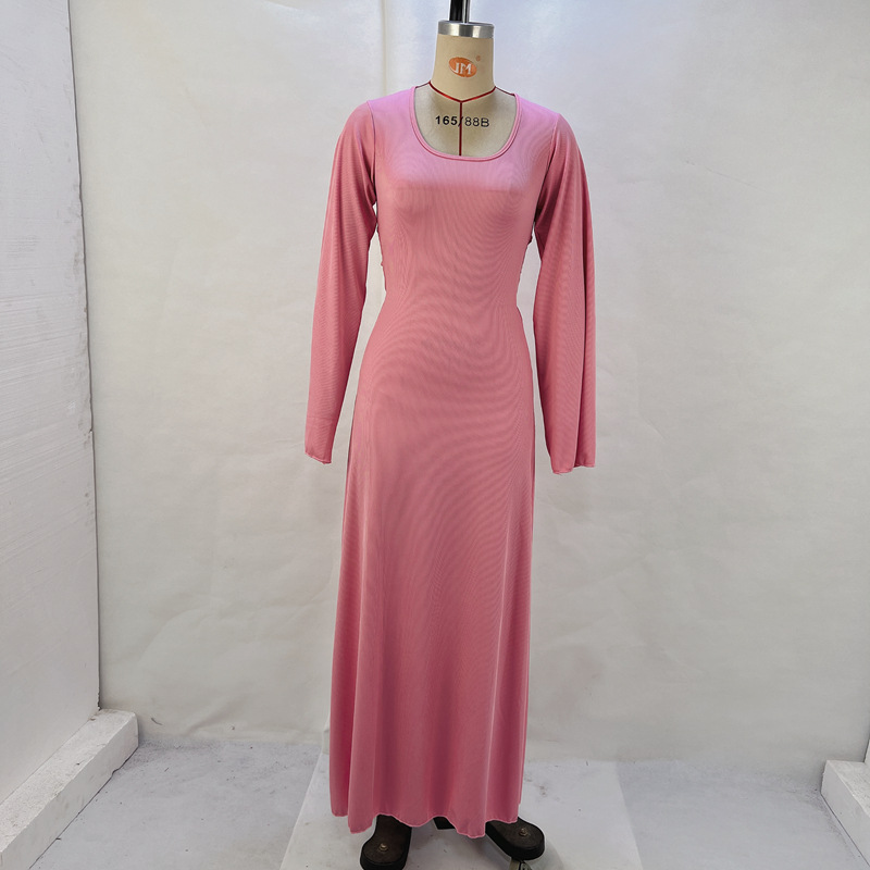 Fashionable Loose U-Neck Back Lace Up Long Sleeved Dress