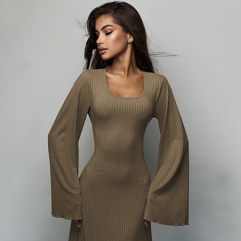 Fashionable Loose U-Neck Back Lace Up Long Sleeved Dress