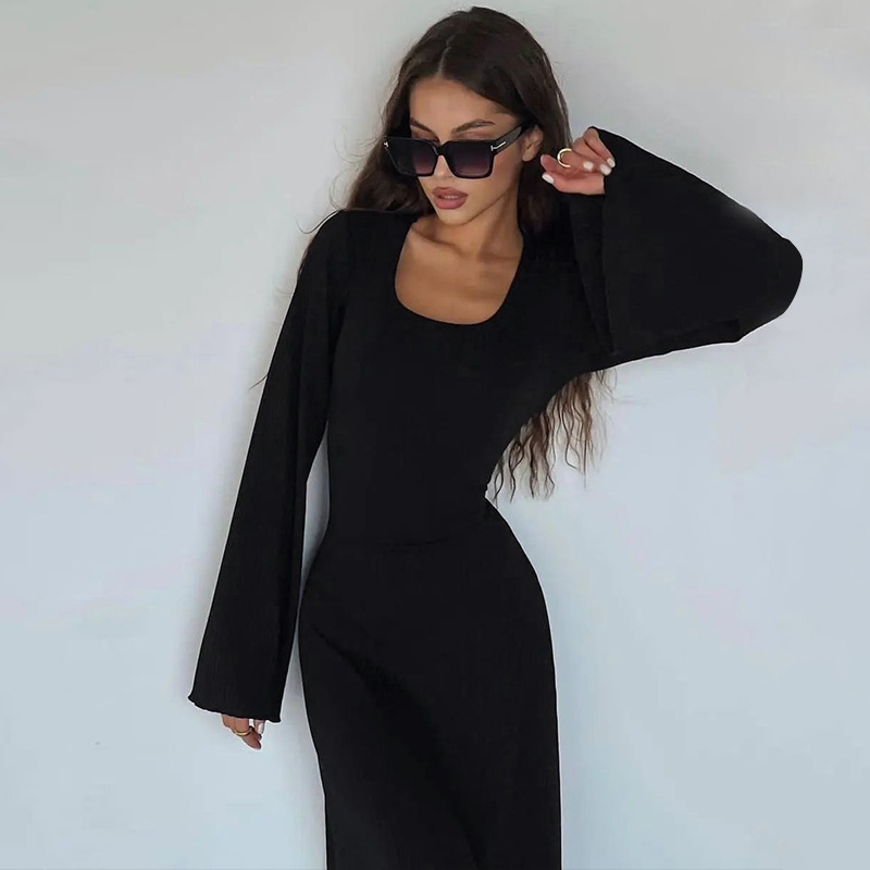 Fashionable Loose U-Neck Back Lace Up Long Sleeved Dress