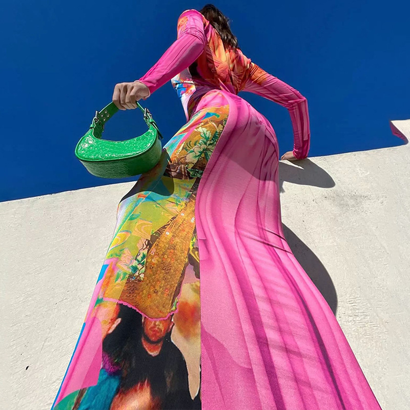 Fashionable Printed High Elasticity Long Sleeved Mid Length Skirt