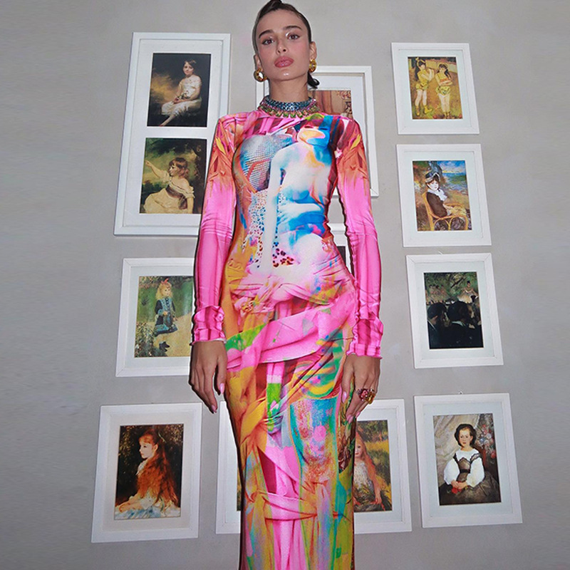 Fashionable Printed High Elasticity Long Sleeved Mid Length Skirt