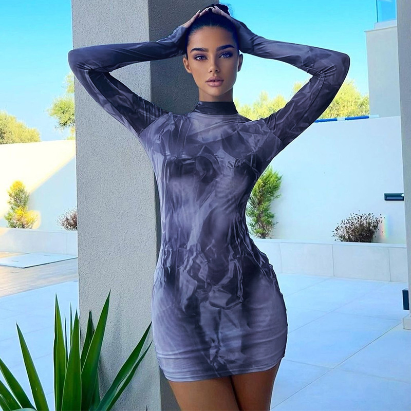 Fashionable Printed Slim Fit Round Neck Long Sleeved Hip Hugging Dress
