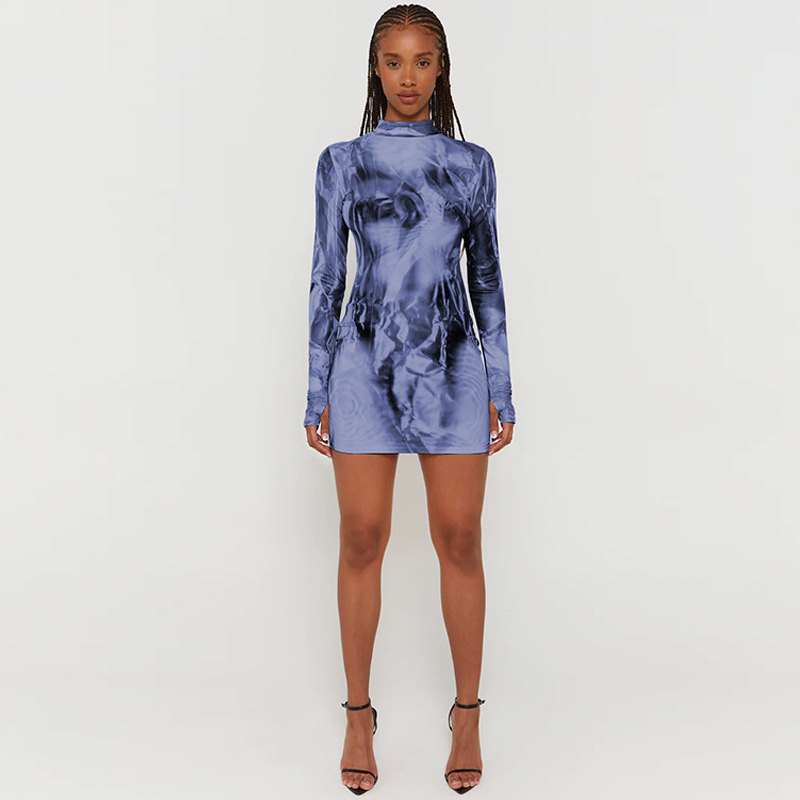 Fashionable Printed Slim Fit Round Neck Long Sleeved Hip Hugging Dress