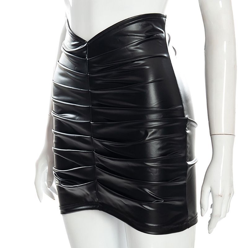 Fashionable Temperament Pleated PU Hip Hugging Skirt
