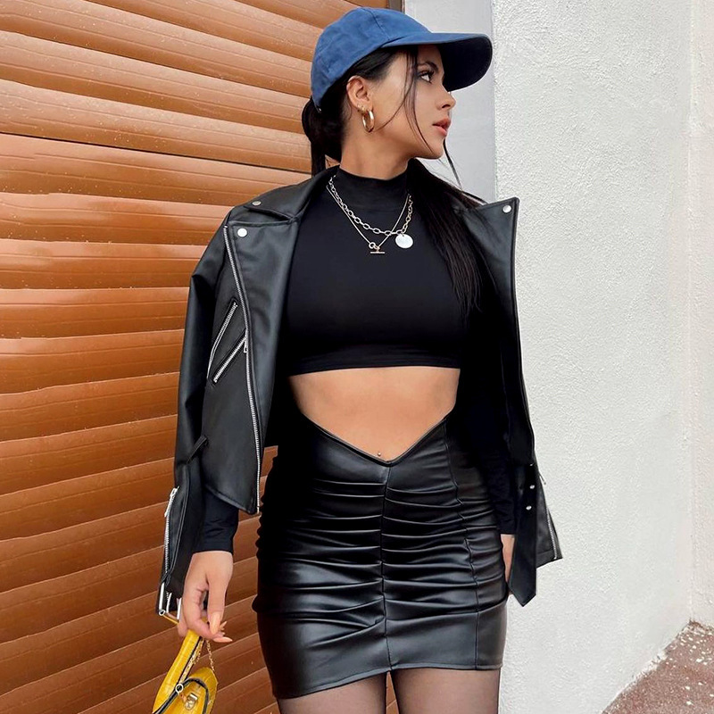 Fashionable Temperament Pleated PU Hip Hugging Skirt