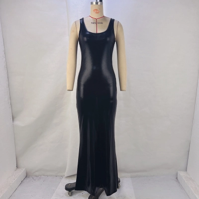 Fashionable U-Neck Solid Color Split Vest Dress 01