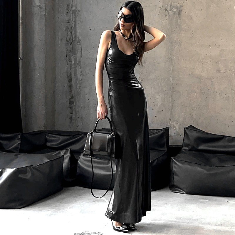 Fashionable U-Neck Solid Color Split Vest Dress