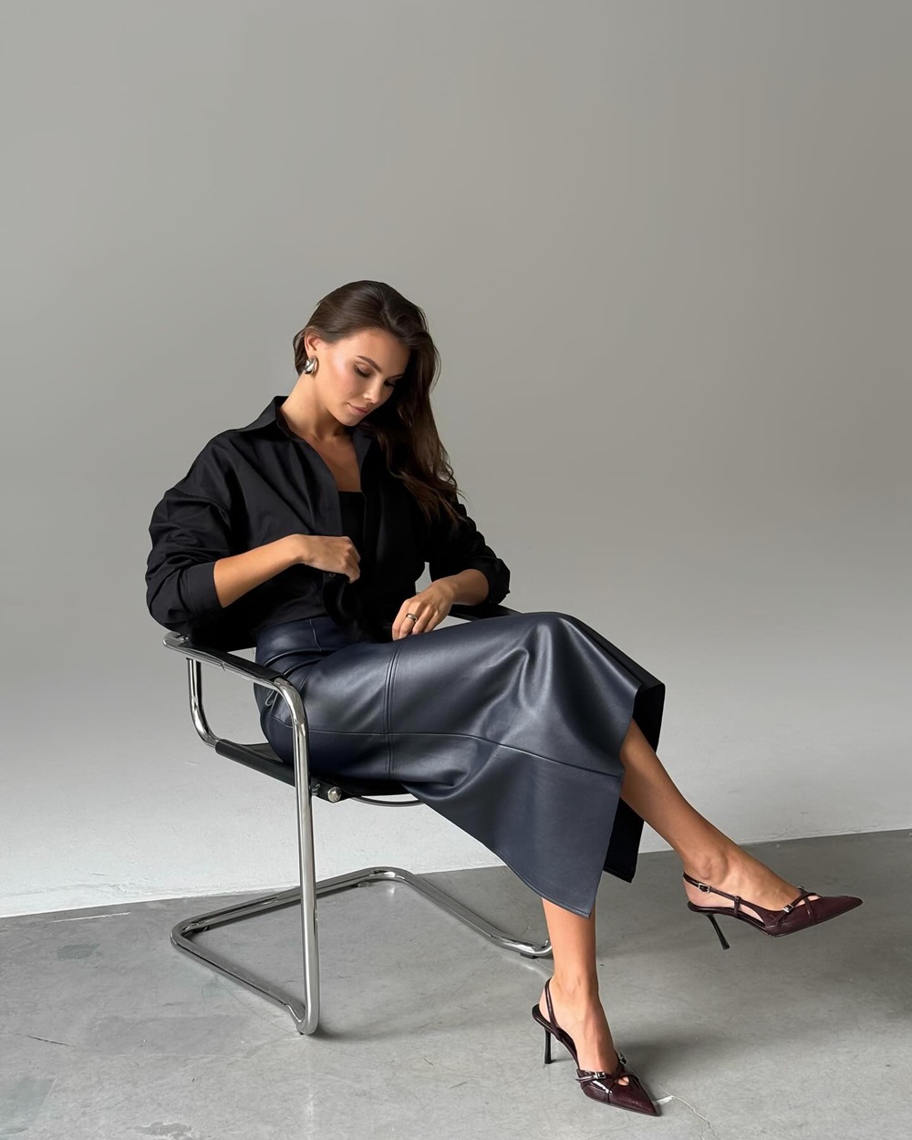 High Waisted Split Skirt PU Mid Length Hip Hugging Skirt