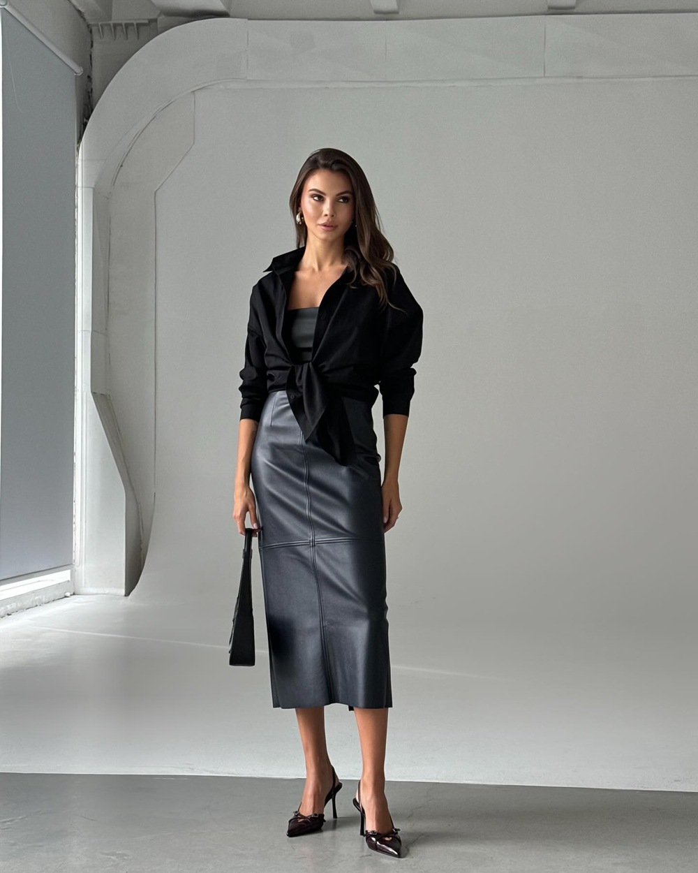 High Waisted Split Skirt PU Mid Length Hip Hugging Skirt