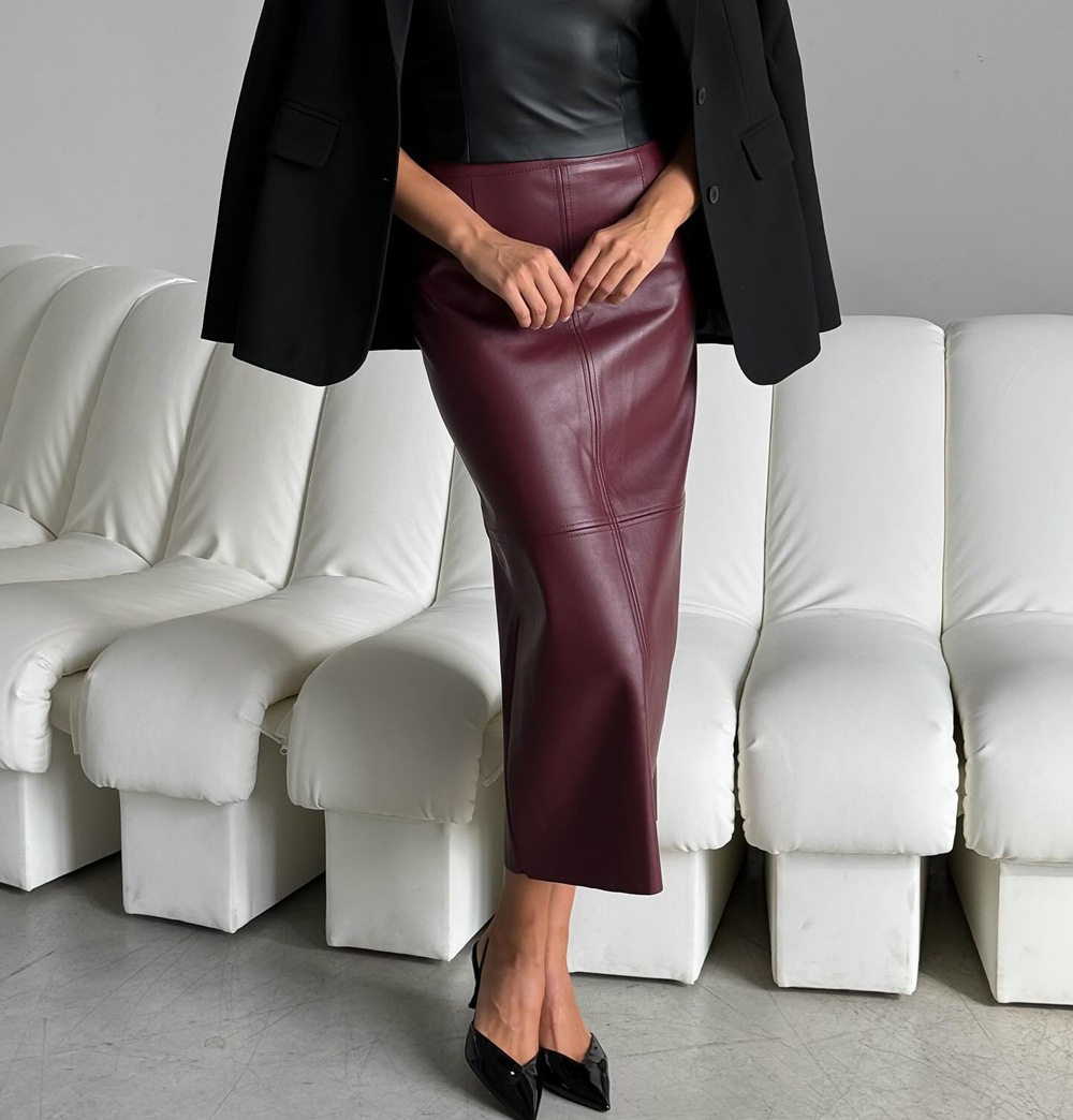 High Waisted Split Skirt PU Mid Length Hip Hugging Skirt