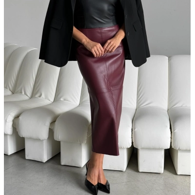 High Waisted Split Skirt PU Mid Length Hip Hugging Skirt 02