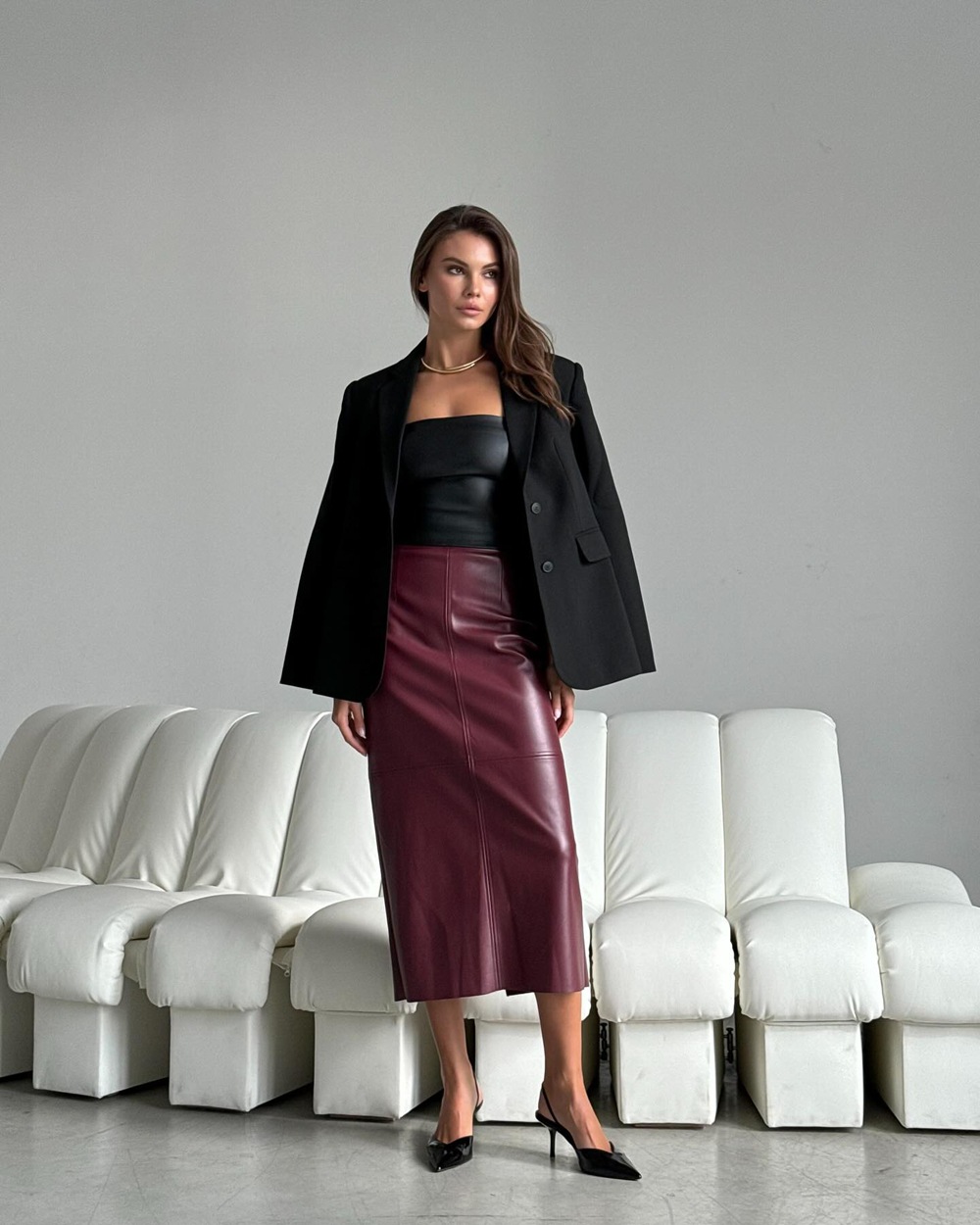 High Waisted Split Skirt PU Mid Length Hip Hugging Skirt