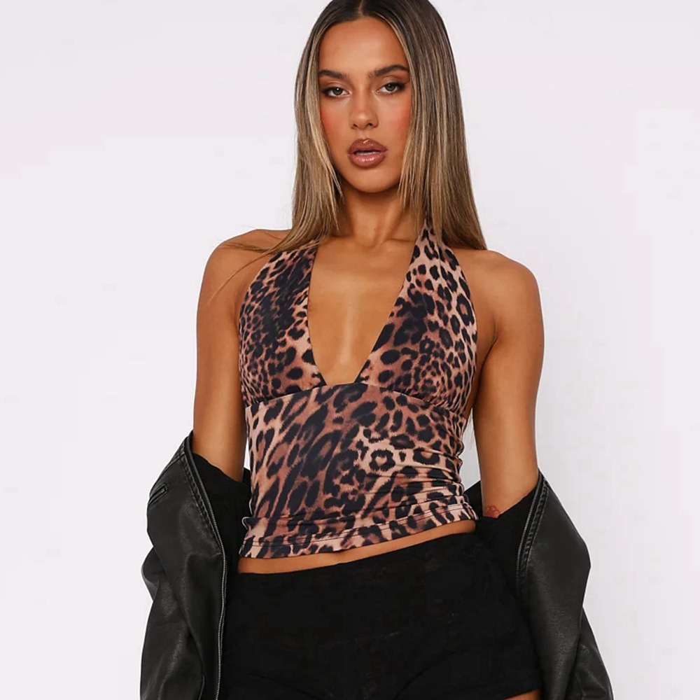 Leopard Print Hanging Neck Sleeveless Backless V-Neck Strap