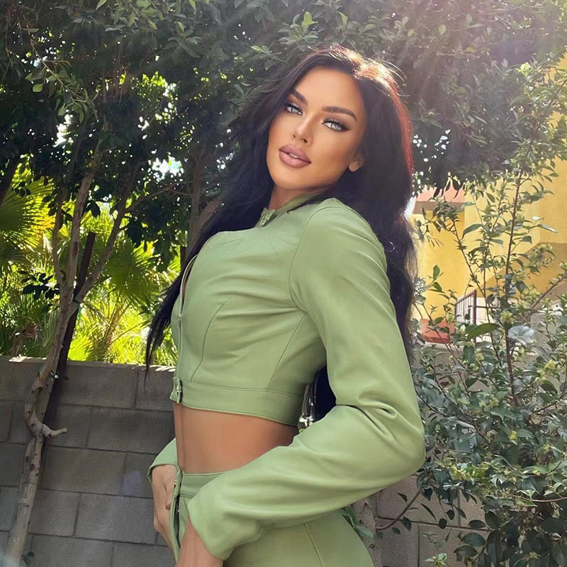 Long Sleeved Zipper Jacket With Exposed Navel, Hip Hugging Skirt, PU Set