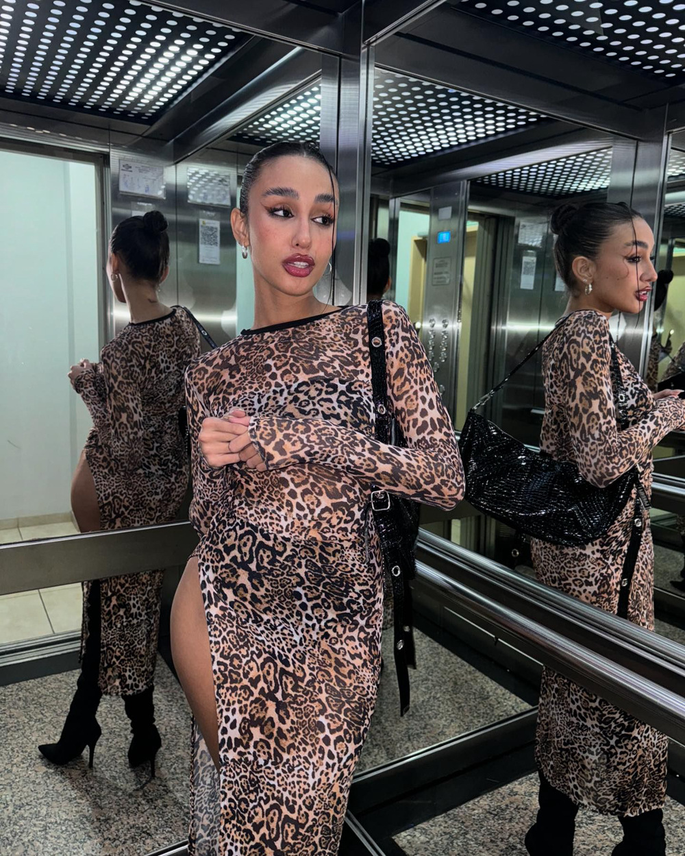 Round Neck Long Sleeved Mesh Printed Slit Dress