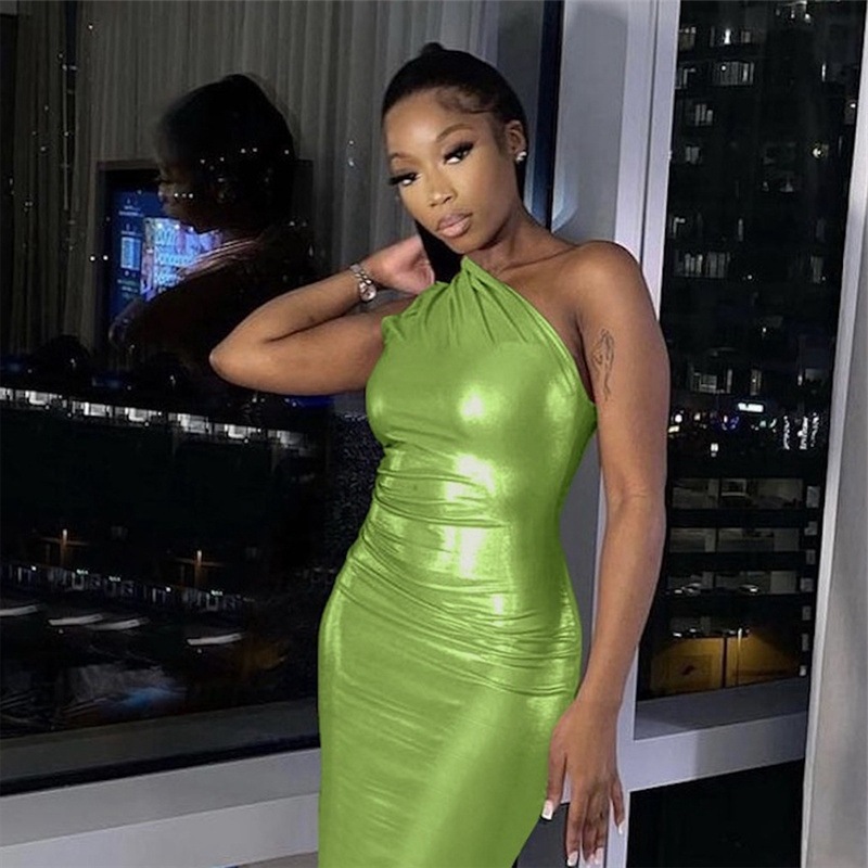 Slanted Shoulder Waist Bag Hip Mid Length Dress