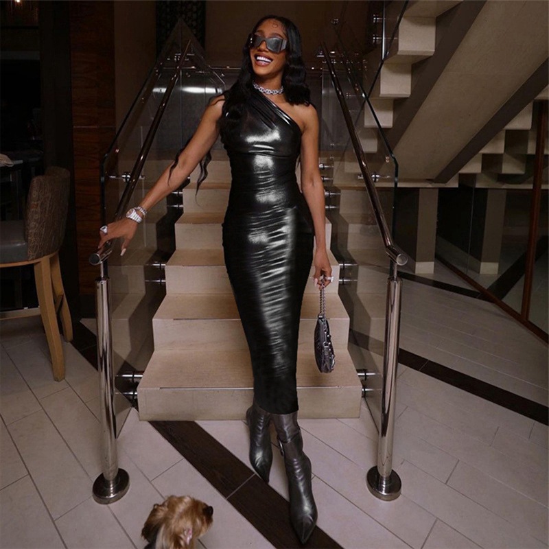 Slanted Shoulder Waist Bag Hip Mid Length Dress