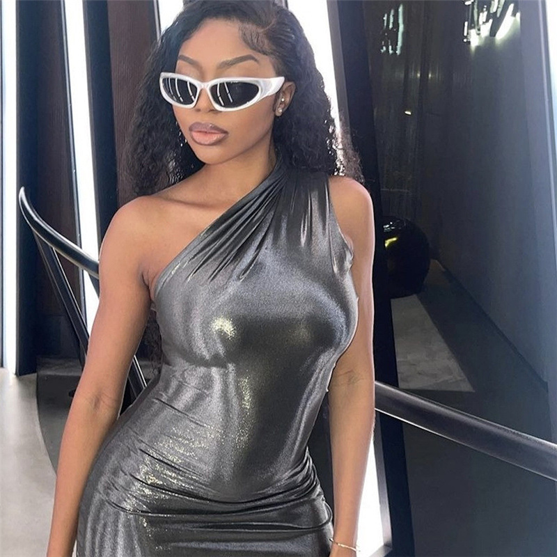 Slanted Shoulder Waist Bag Hip Mid Length Dress