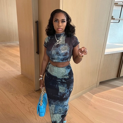 Stand Up Collar And Crop Top T-Shirt, Hip Hugging Skirt Set 01