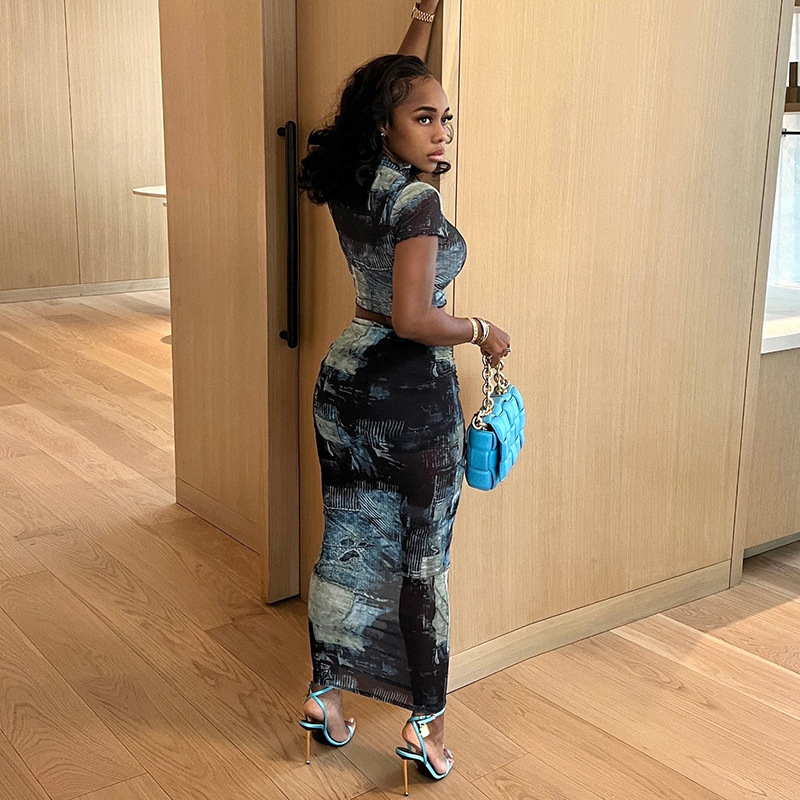 Stand Up Collar And Crop Top T-Shirt, Hip Hugging Skirt Set