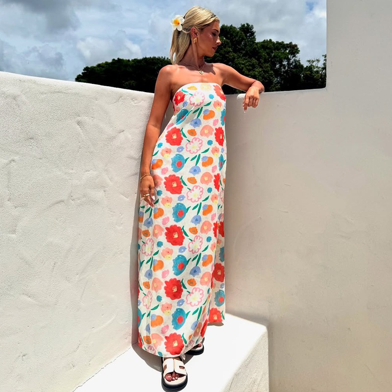Casual Printed Long Skirt Sexy Strapless Dress