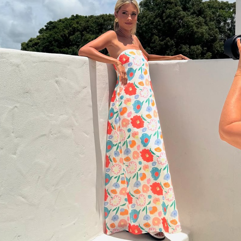 Casual Printed Long Skirt Sexy Strapless Dress