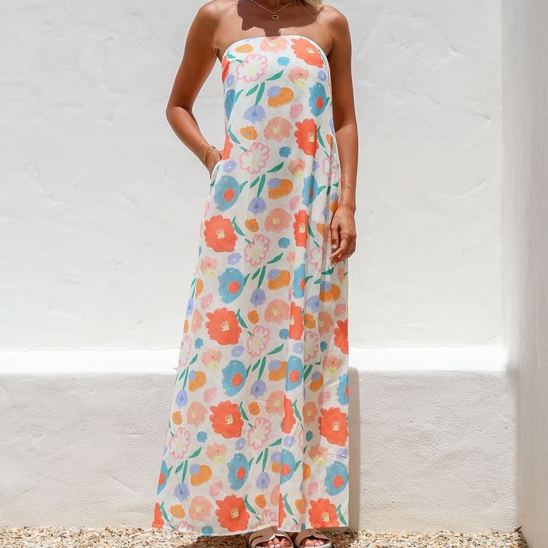 Casual Printed Long Skirt Sexy Strapless Dress