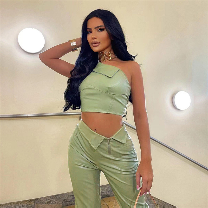 Fashion Single Shoulder Vest, High Waist, Hip Hugging Pants, PU Suit