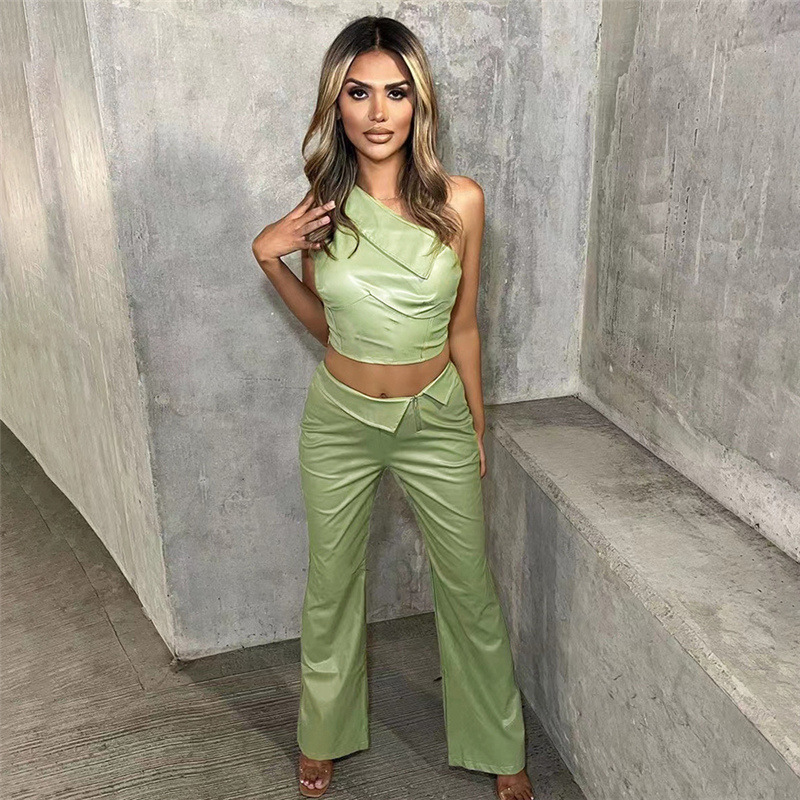 Fashion Single Shoulder Vest, High Waist, Hip Hugging Pants, PU Suit