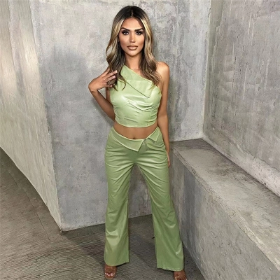 Fashion Single Shoulder Vest, High Waist, Hip Hugging Pants, PU Suit 02