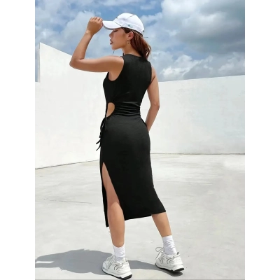 Fashionable Round Neck Sleeveless Waist Hollow Out Bag Hip Split Dress 01