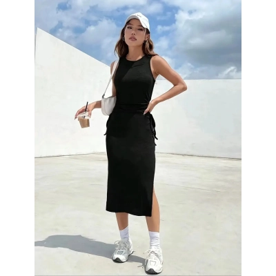Fashionable Round Neck Sleeveless Waist Hollow Out Bag Hip Split Dress 02