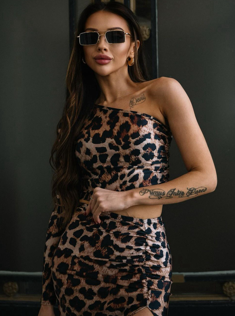Leopard Print Slanted Shoulder Slit Single Shoulder Dress