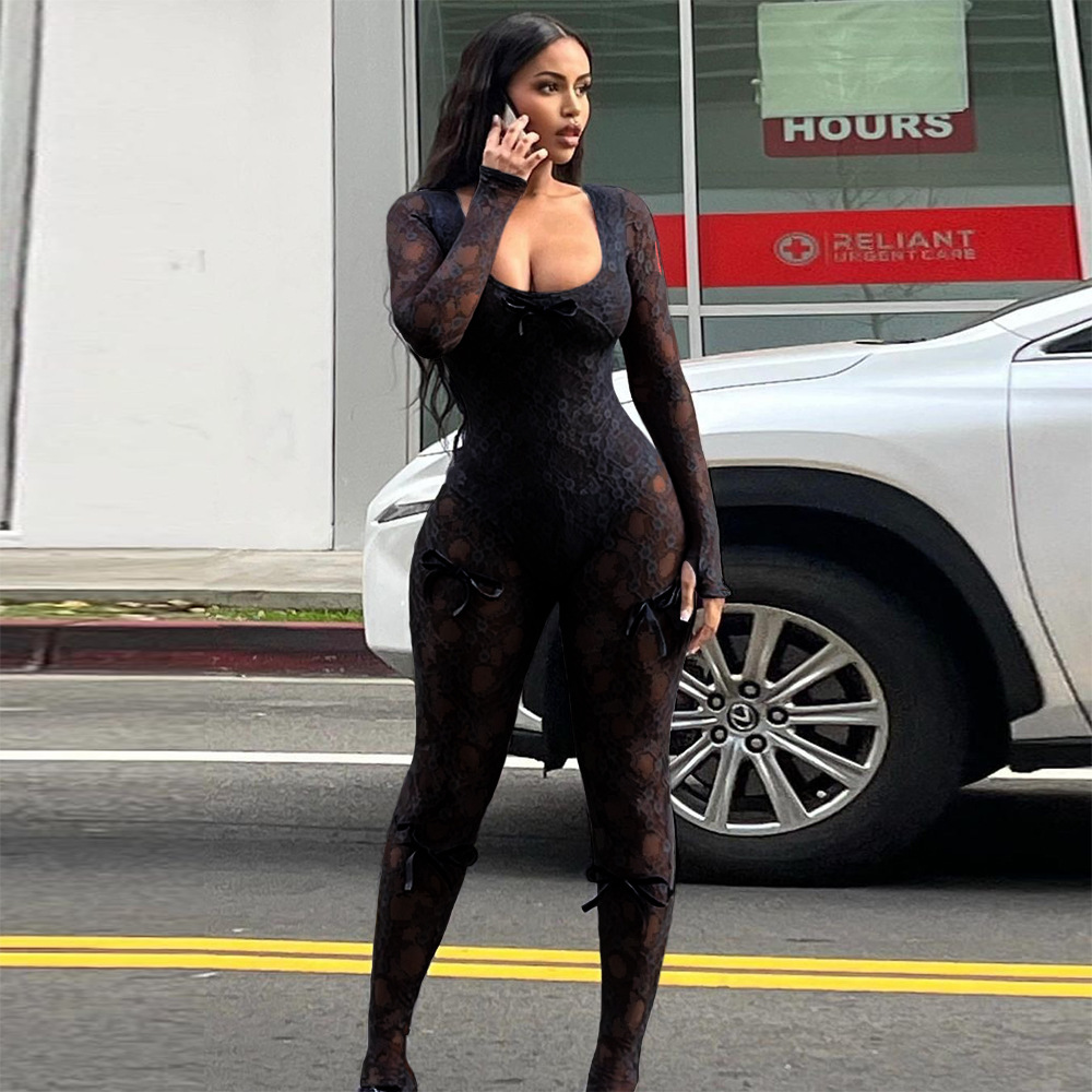 Long Sleeved Sexy Lace Elastic Jumpsuit