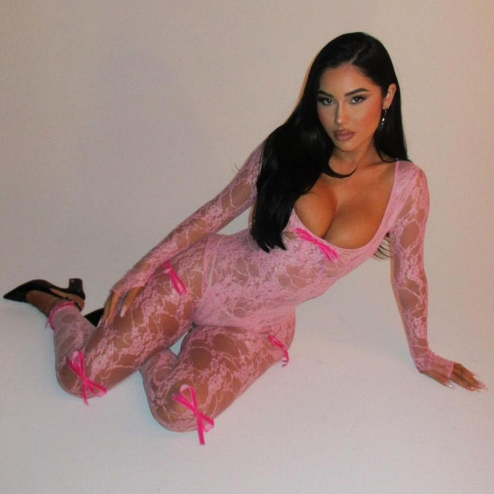 Long Sleeved Sexy Lace Elastic Jumpsuit