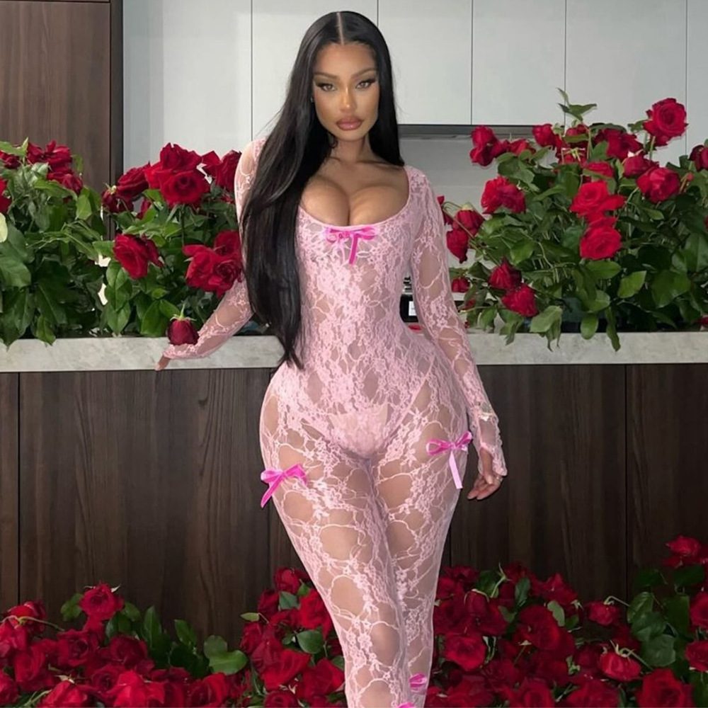 Long Sleeved Sexy Lace Elastic Jumpsuit