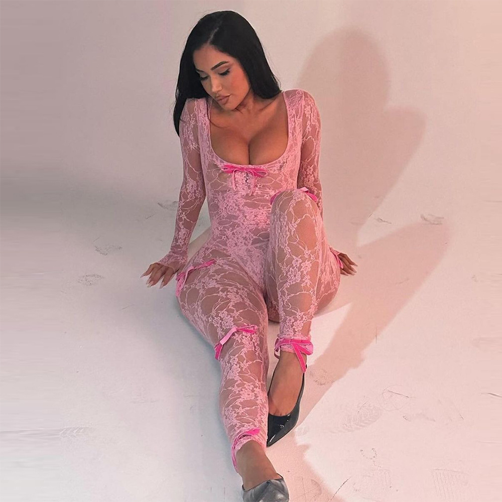 Long Sleeved Sexy Lace Elastic Jumpsuit