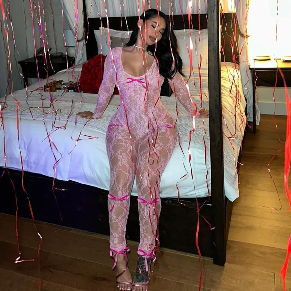 Long Sleeved Sexy Lace Elastic Jumpsuit